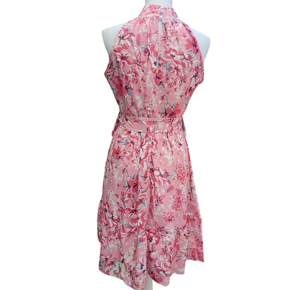 Spring Summer Dress Pink Floral Halter Neck Sleeveless A Line Ruffled Hem - Picture 6 of 9